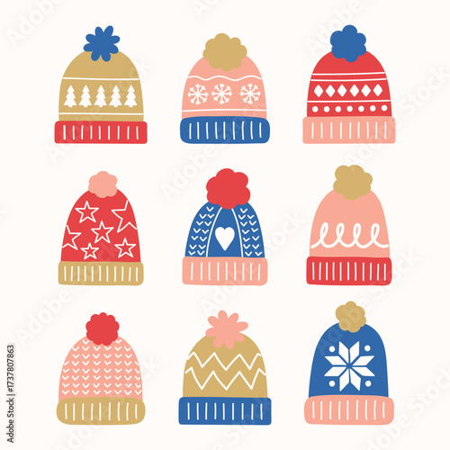 Set with cute hand drawn winter hats. Christmas elements. Vector illustration