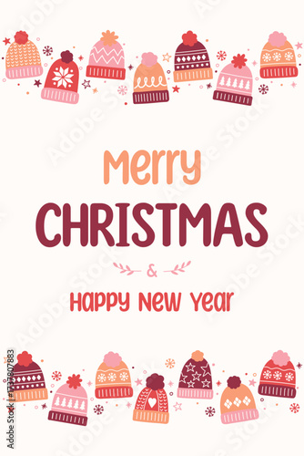 Colourful Christmas greeting card with cartoon winter hats. Vector illustration