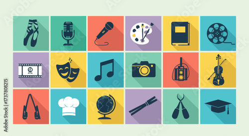 Collection of Flat Design Icons with Long Shadows Representing Arts, Entertainment, Hobbies, Professions, and Education, including Ballet, Music, Film, Theater, Culinary, and Global Studies., Flat