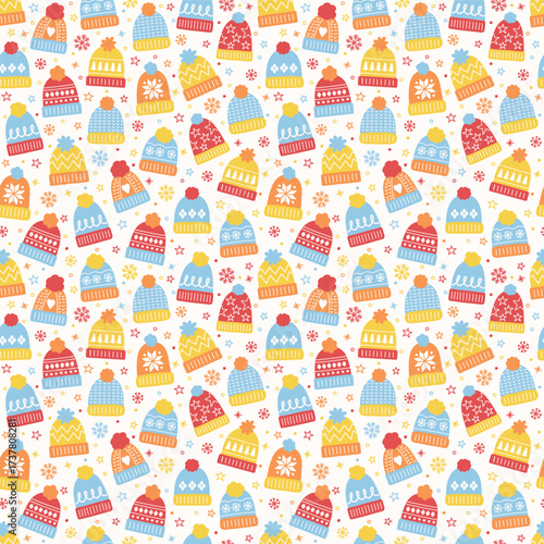 Seamless pattern with cute cartoon winter hats. Christmas background design. Vector illustration