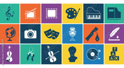 Colorful grid of flat design icons representing diverse arts, culture, media, and entertainment activities including music, film, photography, travel, theater, dance, and classical instruments., Flat