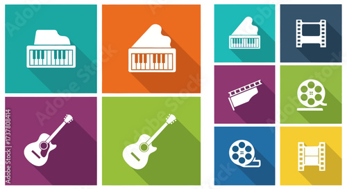 Flat Design Music Instrument Icons with Long Shadows: A Collection of Grand Piano and Acoustic Guitar Graphics on Teal, , Purple, and Green Backgrounds, Flat Vector Elements, Vector Illustration,
