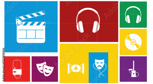 Film Production and Theater Icons: Clapperboard, Microphone, and Comedy Masks on Vibrant Geometric Blocks, Flat Vector Elements, Vector Illustration, Simple Vector, Stylized Vector Drawing, Vector