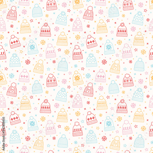 Colourful cartoon winter hat background. Christmas seamless pattern. Vector illustration