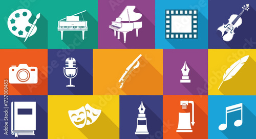Flat design icons representing various arts and creative hobbies like painting, music, photography, literature, and theater on a colorful grid background, Flat Vector Elements, Vector Illustration,