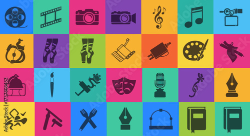 Pop Art Grid of Creative Arts and Culture Icons: Film, Dance, Photography, Painting, and Craft Symbols in Vibrant Colors, Flat Vector Elements, Vector Illustration, Simple Vector, Stylized Vector