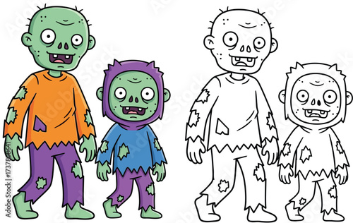 Cute Zombie Family Illustration - Parent and Child Walking in Cartoon Style, Perfect for Halloween and Spooky Themes