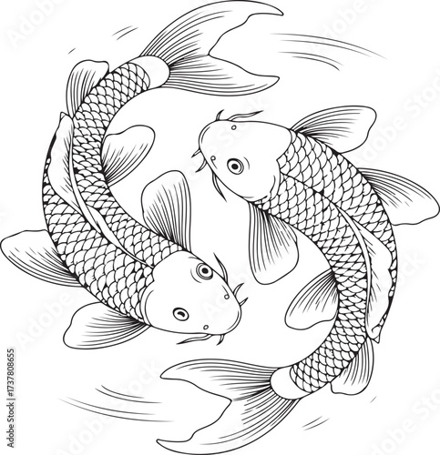 Circular Koi Fish Outline Illustration Detailed Pattern, Water Movement, Japanese Art Style, Vector Line Drawing