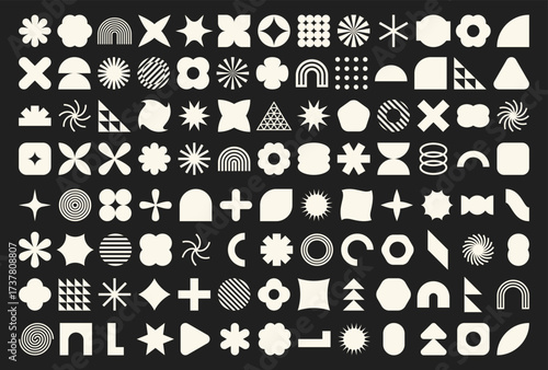 Set of 104 retro geometric shapes set. Brutalist style abstract elements. Vector illustration