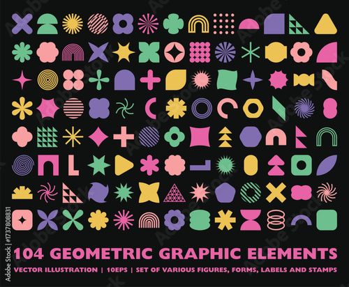 Set of 104 retro geometric shapes set. Brutalist style abstract elements. Vector illustration
