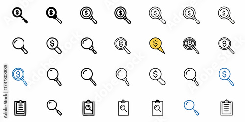 Explore Financial Insights with Magnifying Glass Icons: A Collection of Graphic Elements for Business, Audit, and Investment Analysis, Perfect for Web Design and Data Visualization