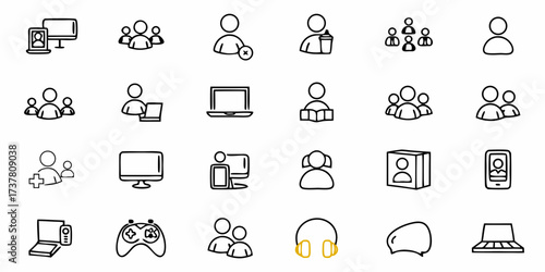 Engaging icons for web design, app development and user interface creation featuring people, devices, and collaboration elements in simple line art style