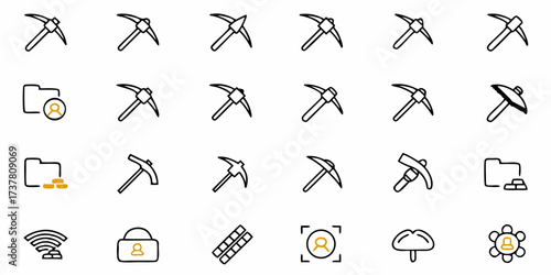 Unlock Cryptocurrency Mining Potential with this Icon Set for Digital Finance and Blockchain Technology, Featuring Pickaxes, Gold, and Secure Wallets