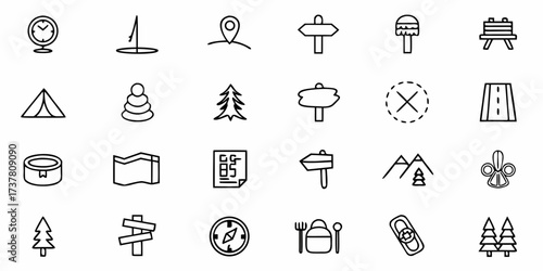 Hand-Drawn Camping & Outdoors Icon Set for Adventure and Exploration Designs featuring essential gear, directional aids, and natural elements perfect for travel blogs