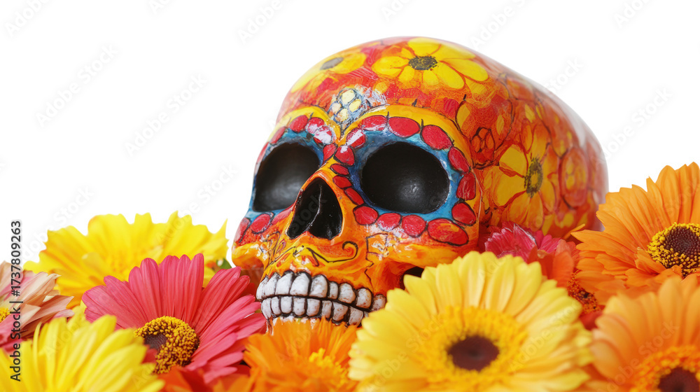 Fototapeta premium Colorful skull with flowers isolated on a transparent background