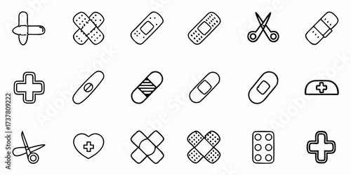 Clean line art of medical supplies and first aid essentials, health and wellness icons perfect for designs needing a touch of care and simple healthcare elements