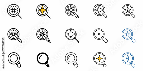 Unleash Discovery with Stylish Compass Magnifying Glass Icons, Perfect for Navigation, Search, and Adventure Projects, Originally a Scalable Vector Graphic