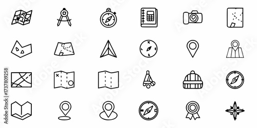 Outline Icons for Adventure and Exploration Needs Featuring Maps, Compasses, and More for Outdoor Enthusiasts Planning Journeys and Seeking Discovery and Navigation