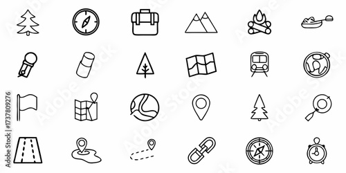 Plan your perfect adventure with these essential icons, featuring camping, nature, and travel elements for inspiring wanderlust and unforgettable journeys