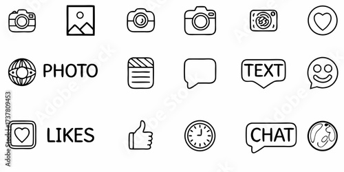 Social Media Icons Collection for Creative Projects, Hand Drawn Style, Camera, Chat, Photo, Likes, Emoji, Perfect for Social Media Marketing, Branding, and Web Design