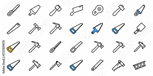 Variety of hand tools including saws, hammers and axes, perfect for carpentry, construction, and DIY projects, showcasing a versatile toolkit for building and repairs