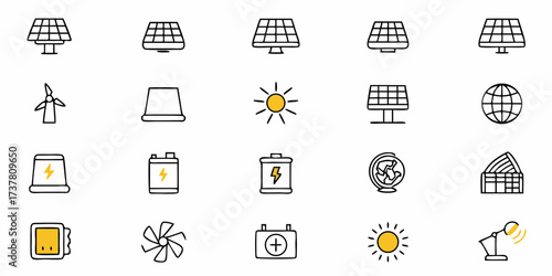 Clean energy icons showcasing solar panels, windmills, batteries, and sunlight to promote sustainable living and environmental awareness in educational materials and presentations