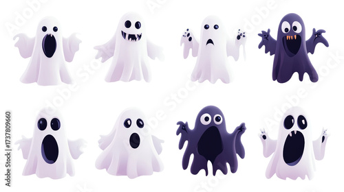 Cute and scary ghost characters isolated on a transparent background