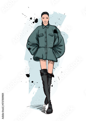 Professional fashion illustration flat sketch. A drawing of a woman walking down the runway in fashionable clothing. Perfect for fashion design presentations, clothing manufacturing, lookbooks, and br