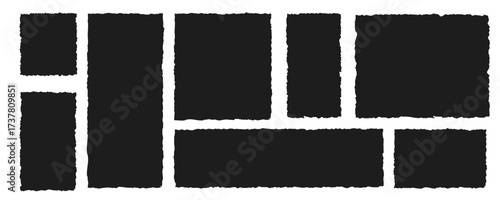 Set of black torn paper shapes with jagged edges. Ripped rectangle frames, grunge textured elements for collage, sticker, banner, text box. Vector silhouettes isolated on white background