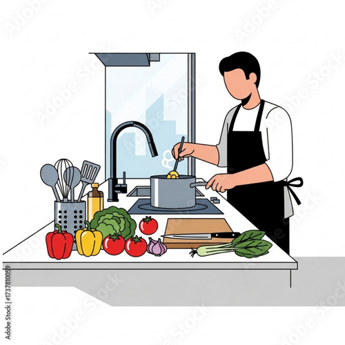"Man Cooking in Kitchen with Fresh Vegetables Vector Illustration"