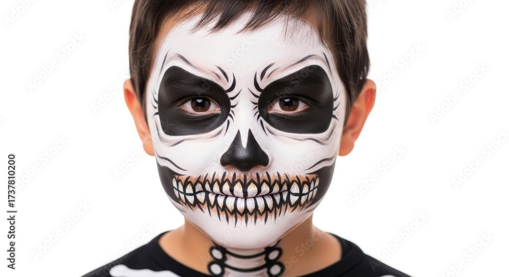 Obraz premium Boy With Skeleton Face Paint - A boy with skeleton face paint on a white background