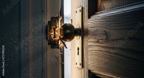 Broken Door Lock Close Up - A close-up shot of a broken door lock with a damaged door