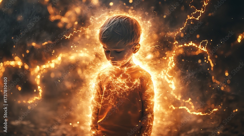 Naklejka premium Child enveloped in an energetic aura of light and otherworldly power