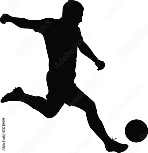 Silhouette of soccer player kicking ball in action, football athlete, sports energy, strength, movement, competition, outdoor game, training, fitness