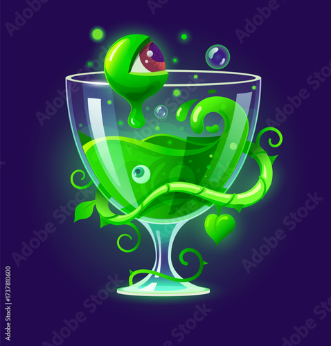 Cartoon Halloween scary cocktail. Vector glowing green magical potion in glass goblet with swirling vines, bubbling liquid, and a creepy dripping eyeball. Fantasy mystical drink, witch potion or brew