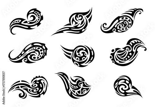 Black Maori tattoo set, tribal ornaments featuring swirling patterns and flame like elements, evoke strength, energy and fluid motion. Isolated vector set of decals, traditional swirled tribal motifs