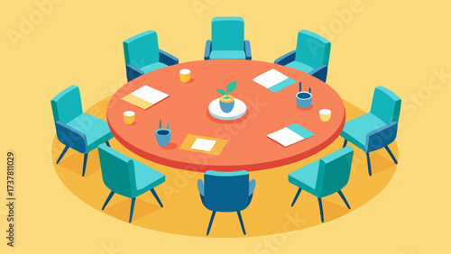 A large circular table with ergonomic chairs for small group discussions.