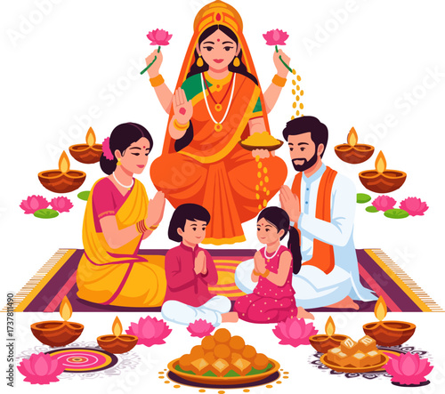 Illustration of an Indian family in traditional attire praying to Goddess Lakshmi