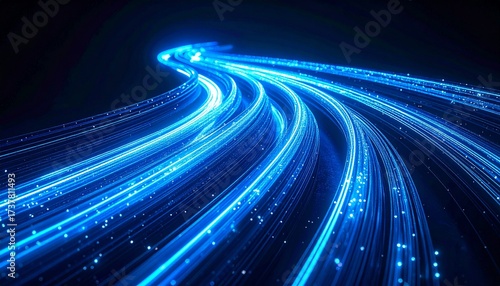 High speed ​​fiber optic cable with blue glowing data stream