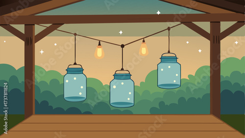 A of mason jar lanterns hanging from a wooden beam on a covered outdoor patio.