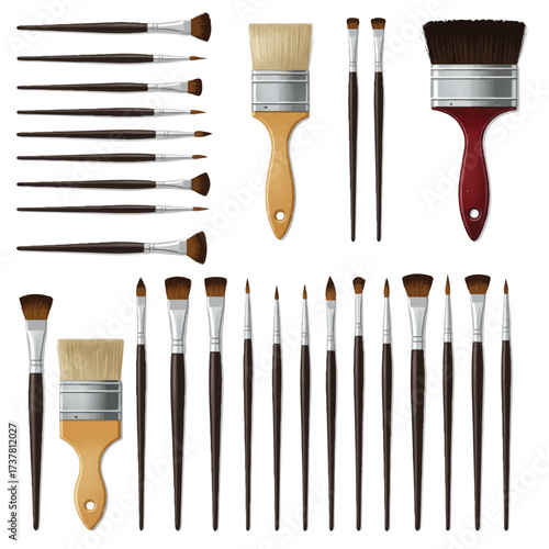 Realistic paintbrush set vector illustration showcasing a variety of professional art tools arranged neatly on a crisp, plain white background, ready for creative endeavors.