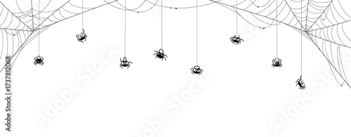 Halloween spider border cobweb. Horror night holiday vector background of cute black spider characters hanging on web threads. Halloween spiderweb banner border, trick or treat night party decoration