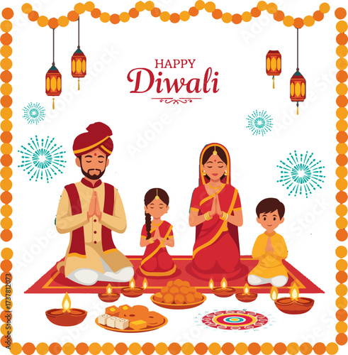 illustration of an Indian family in traditional dress praying together Happy Diwali