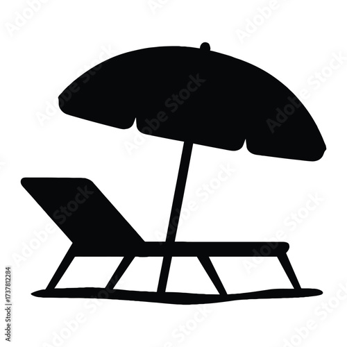 Relaxing beach chair and umbrella silhouette vector, isolated on white background. Perfect for summer, vacation, travel, and leisure designs.