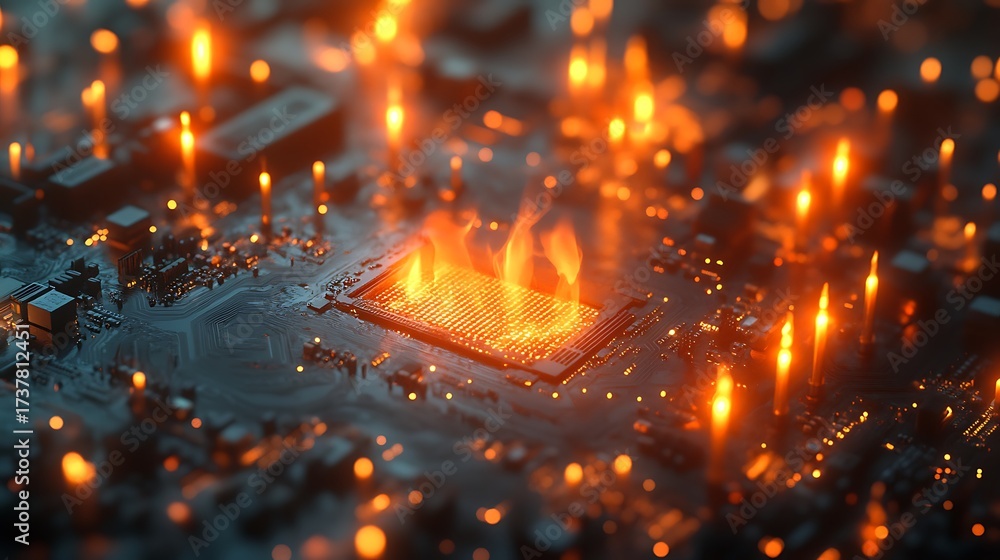 Fototapeta premium Overheated CPU Igniting on a Motherboard: A Visualization of System Failure