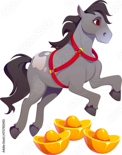 Cartoon horse character, Chinese lunar new year animal In red harness leaping joyfully over a pile of golden ingots. Isolated vector equine symbolizing prosperity, celebration in festive asian culture