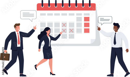 Business team planning schedule with calendar, organizing important dates and deadlines during office meeting discussion