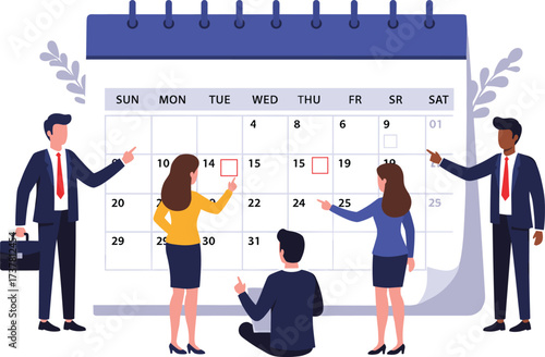 Business team planning schedule with calendar, organizing important dates and tasks during office meeting collaboration and discussion