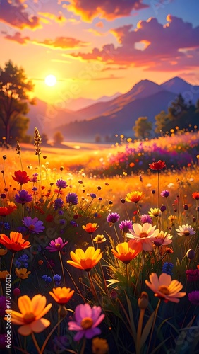 Colorful meadow at sunset