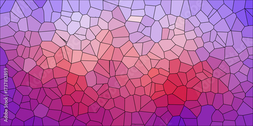 Colorful abstract mosaic with irregular polygonal shapes in a gradient of purple, pink, and red, outlined in black for a stained glass effect
